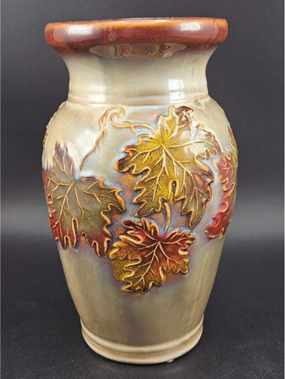 Vintage Ceramic Vase with Raised Autumn Leaves Design